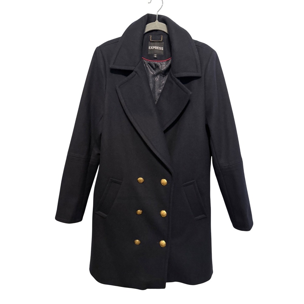 Express‎ Women's Wool Blend Double Breasted Pea Coat Jacket Gold Buttons M Navy